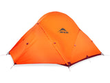 Weatherproof waterproof cover of the MSR 3-Person Access 4-season Tent. The cover is a brigh orange colour with the MSR logo printed in the middle.