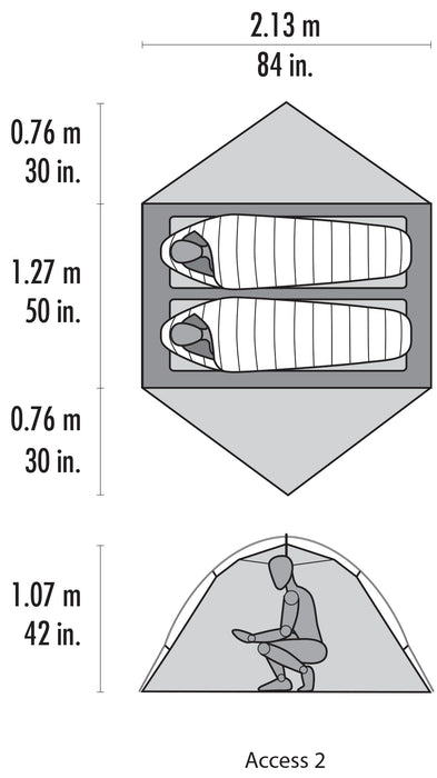 Dimensions rundown of the MSR Access 2 person 4 season Tent. 2 people are shown laying down in sleeping bags with dimensions 84 inches x 50 inches inside the tent. A person is crouching in the tent with a height of 42 inches inside.