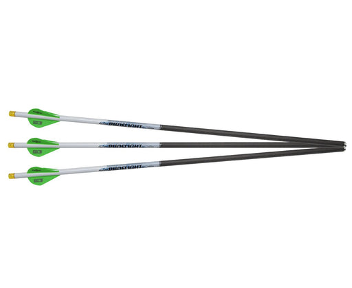 Excalibur ProFlight Arrows with Lumenok 18" bodies. The arrow fletching is a lime green and the arrow shaft is black and white
