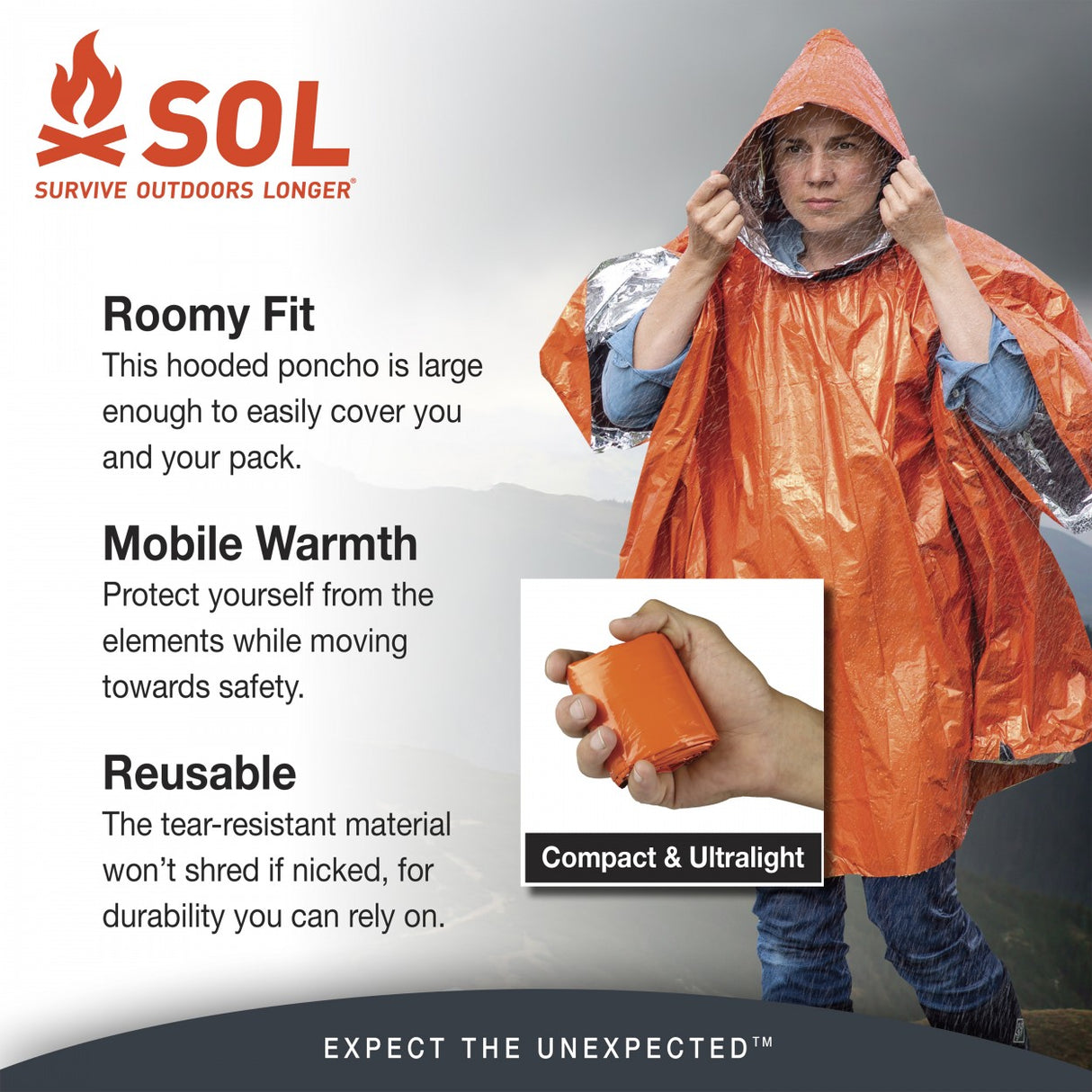 SOL Survive Outdoors Longer product details 'Roomy Fit' 'Mobile Warmth' 'Resusable'.