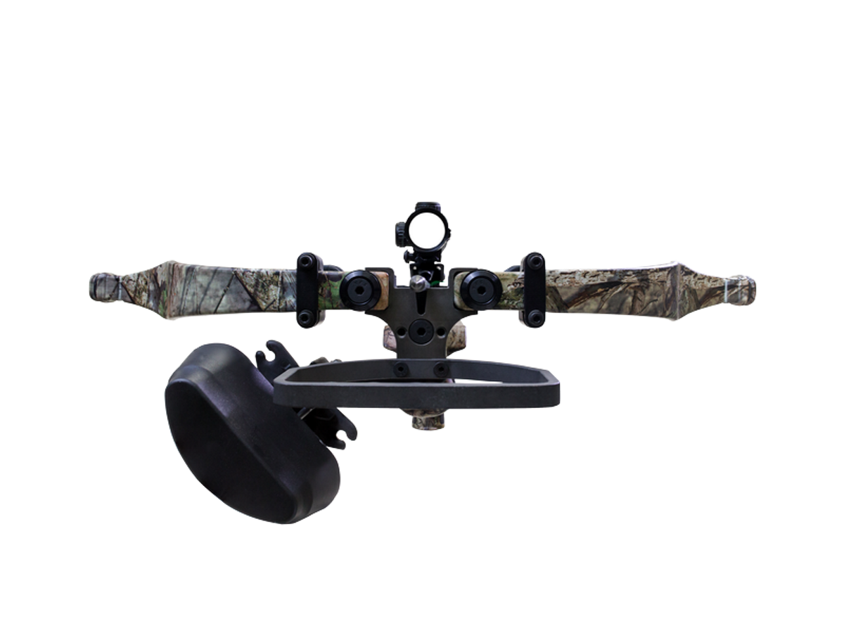 Front view of the AXE340 BUC from excalibur with the large 4-arrow quiver in black and the Dead-Zone scope facing forward illuminated.