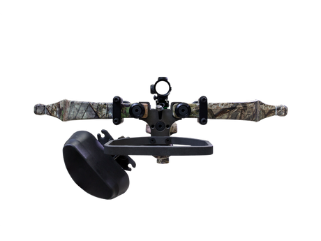 Front view of the AXE340 BUC from excalibur with the large 4-arrow quiver in black and the Dead-Zone scope facing forward illuminated.