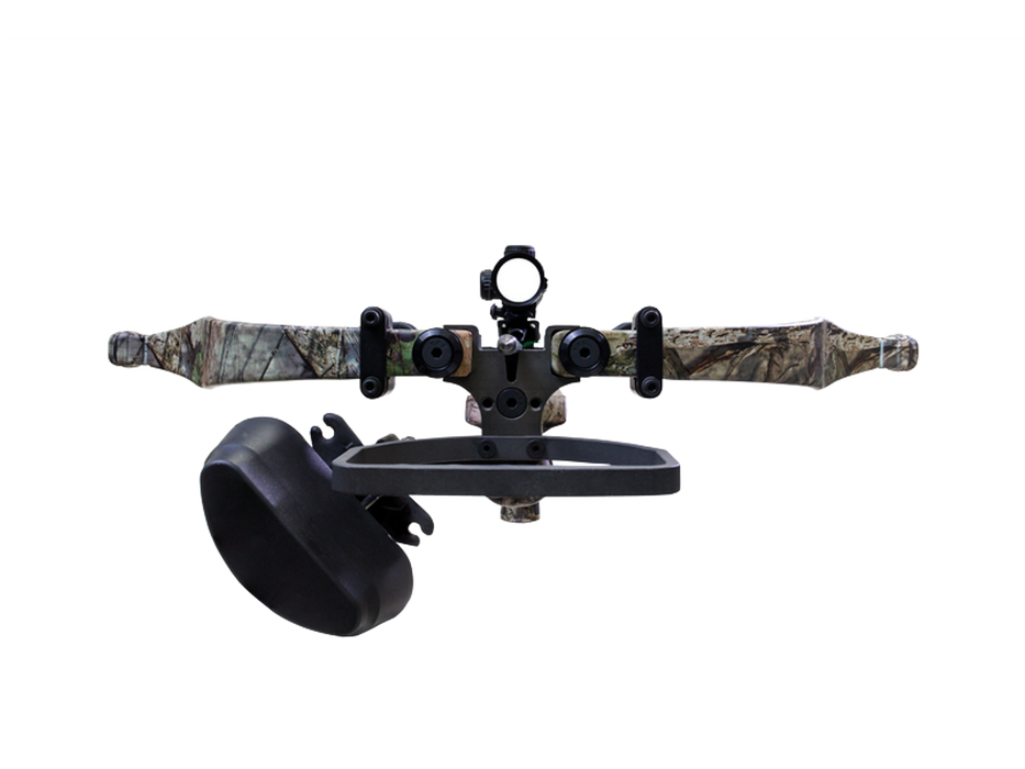 Front view of the AXE340 BUC from excalibur with the large 4-arrow quiver in black and the Dead-Zone scope facing forward illuminated.