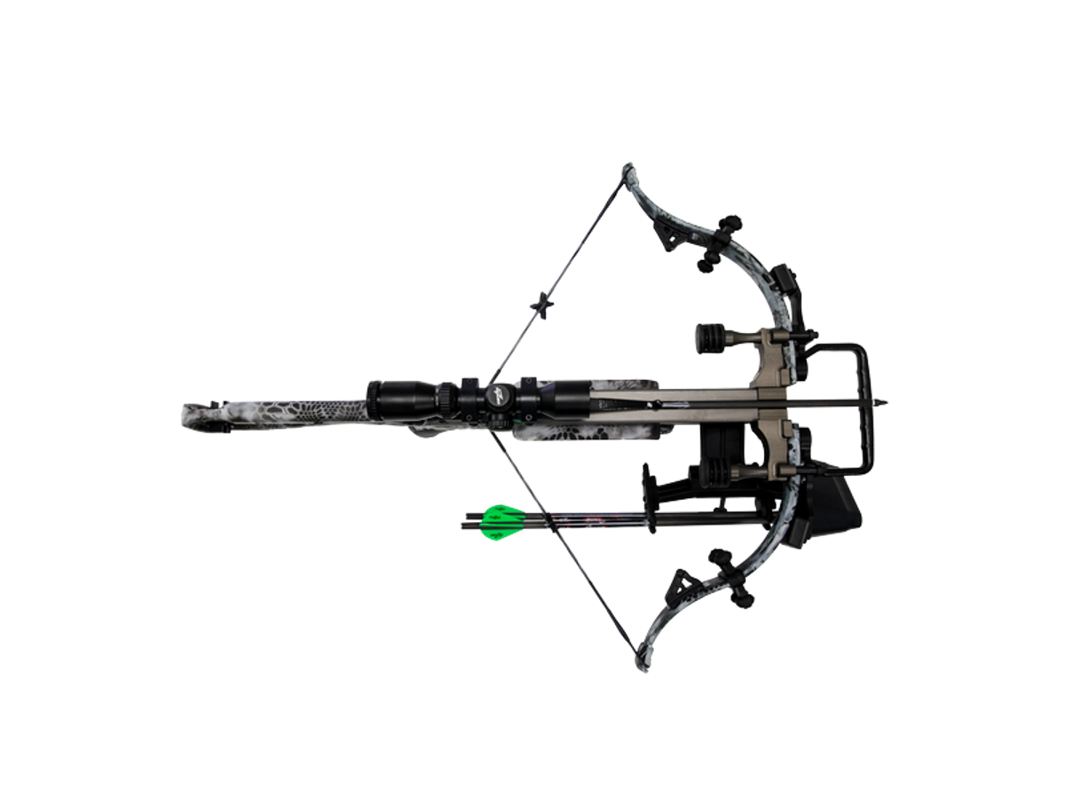 Top down view of the Micro AXE340 BUC crossbow with the cocking aid and arrow bar attached to the recurve section.