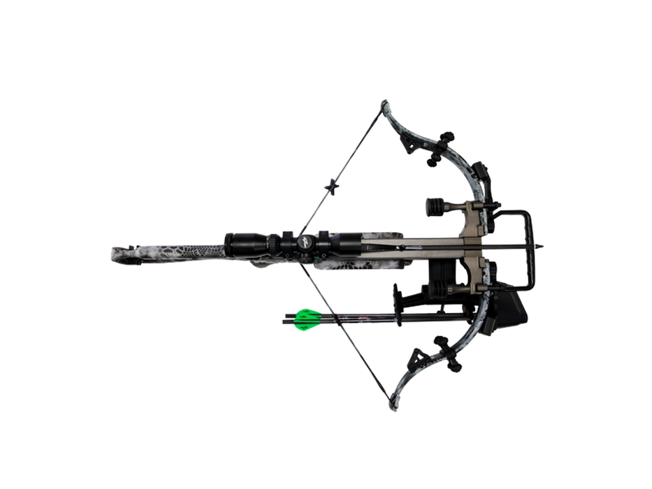 Top down view of the Micro AXE340 BUC crossbow with the cocking aid and arrow bar attached to the recurve section.