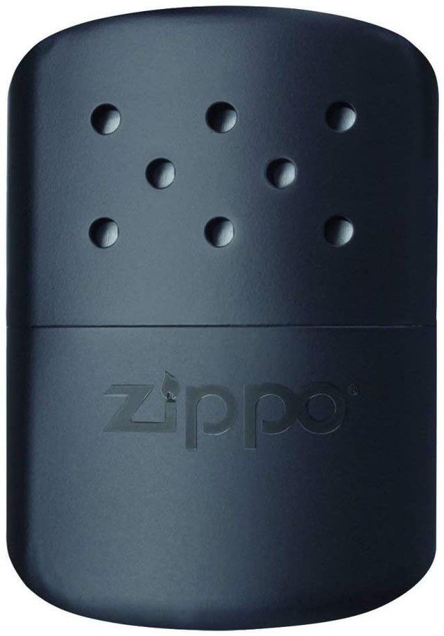 Black Zippo 12-Hour Refillable Hand Warmer closed on a whitebackground