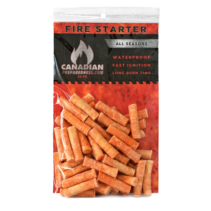 Canadian Preparedness Fire Starter Plugs with 'description 'All Seasons' 'Water proof' 'Fast Ignition' and 'Long Burn time'