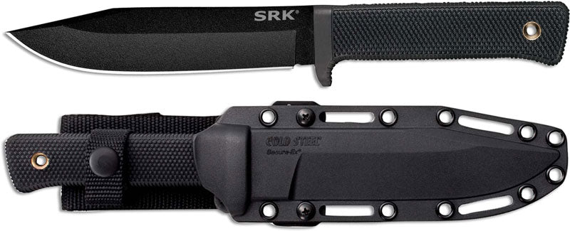Side bye side the SRK SK-5 knife alone and in it's sheath, both the blade and the sheath are finished in black.