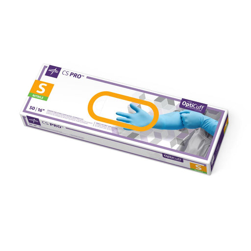 Heavy Duty Full Cuff Nitrile Exam Gloves, a 50 pack. with a picture of a person putting the blue gloves in prepperation for work. The label 'Opticuff' and 'Cs Pro' are on the box. Size Small.
