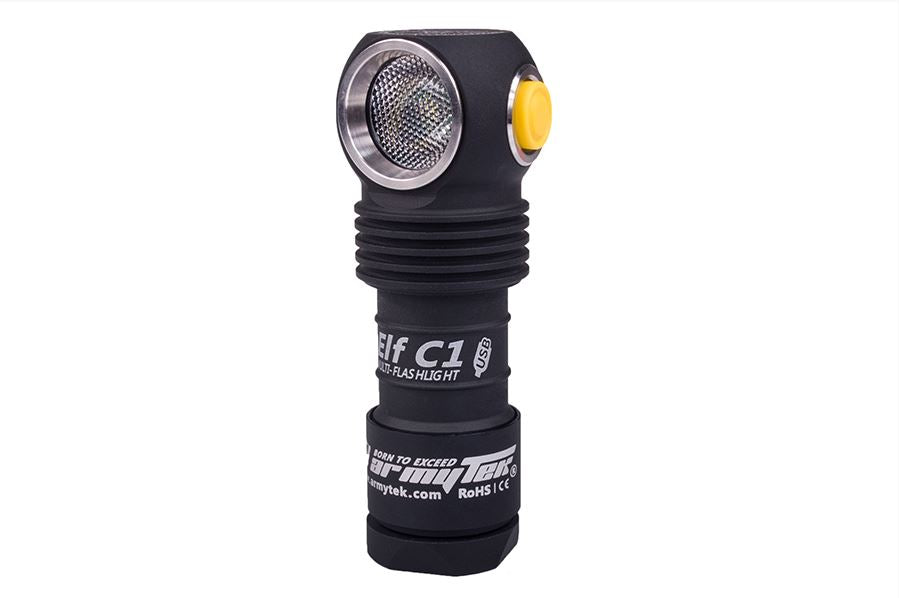 side view showcasing the yellow power on button of the Armytek Elf C1 Flashlight