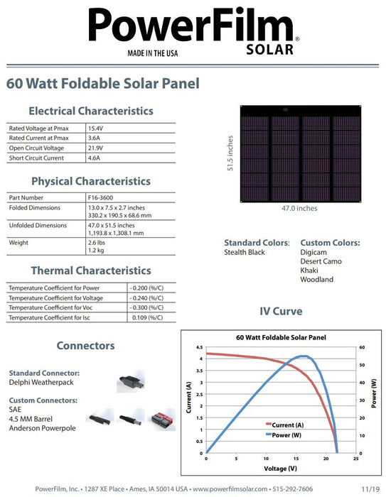 Powerfilm 60 Watt Foldable Solar Panel (F16-3600) Ultralight