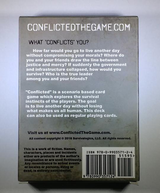 The back instructions of the Conflicted Deck 1: The Downfall Playing card box. The description 'what "conflicts" you' is written above the openning paragraph.