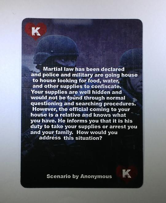 The King card from the Conflicted Survival Scenarios Deck #2. A swat team member is shown on the card and the card descriptions reads about Martial law being declared.