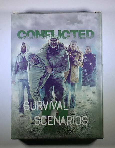 Conflicted Survival Scenarios Deck of cards. With 5 men in varied conditions walking along an open wasteland. The lead man is carrying another man who's injured his leg.