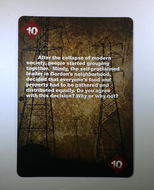 Card 10 of Deck 3 - Conflicted The New World series. Power lines are shown on the card with a faint electrical storm in the background. The card description asks if gathering everyones food and distributing it evenly during an emergency situation is the right thing to do or not.