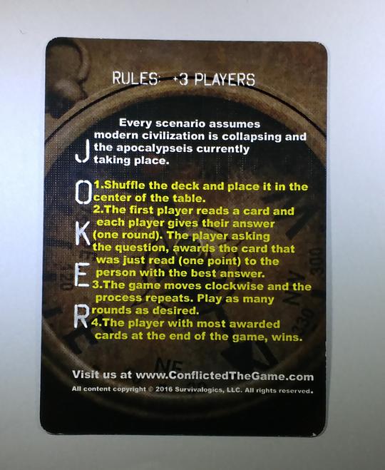 The Rules card for the Conflicted Deck 3 - The New World series card game. The description suggests 3 or more players and the rules are listed in yellow..