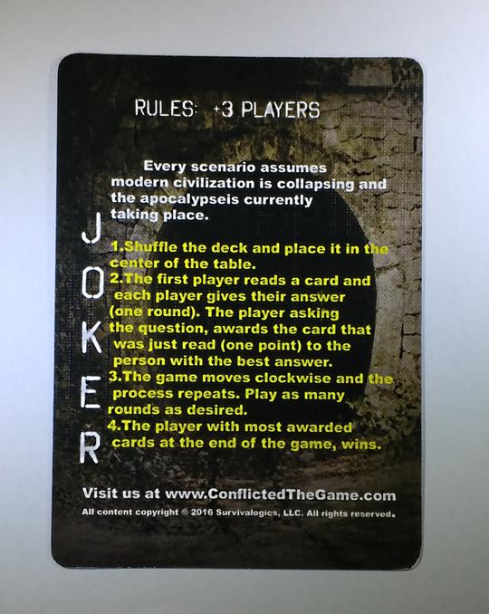 Rules card of the conflicted deck game series.