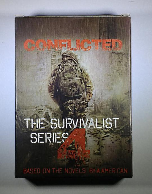 Front cover of the playing card box 'Conflicted: The Survalist Series 4'. A man wearing army camo is traversing through the landscape with a military backpack and helmet on.