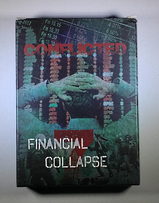 Conflicted Deck 7: Financial Collapse play card box with a man in a suit holding his hands over his head in stress viewing stock percentages plummeting.