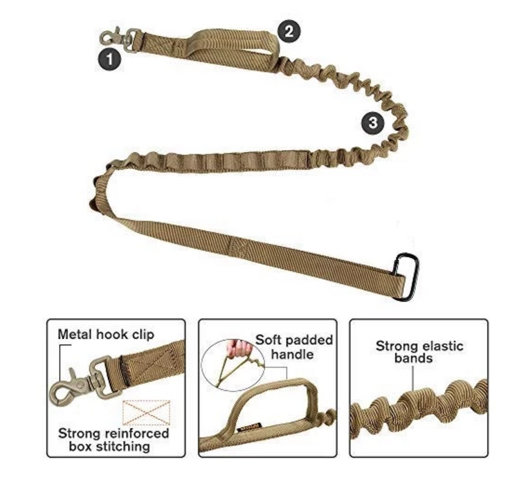 The metal hook clip, strong reinforced box stitching, soft paddle handle, and strong elastic band of the MilSpex K-9 Tactical Dog Leash in a beige color on a white background.