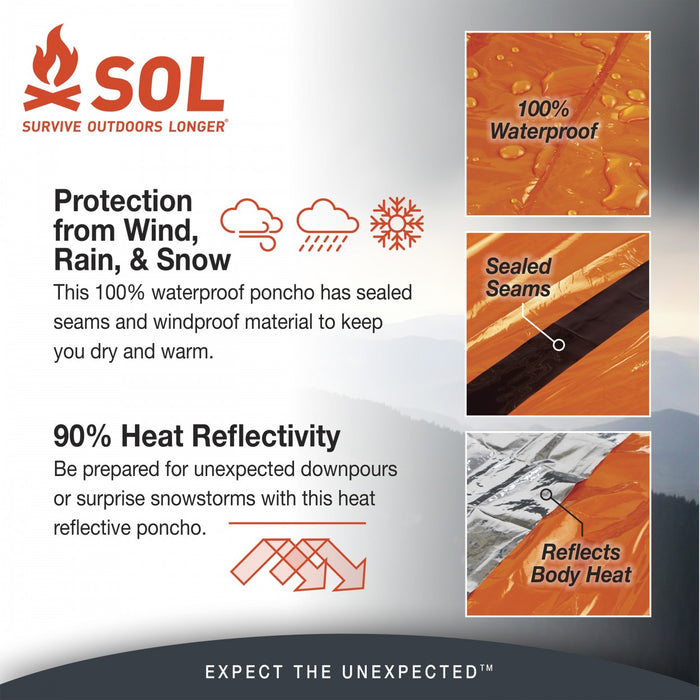 SOL survive outdoors longer Heat Reflective Poncho information. Descriptions 'Protection from Wind, Rain, & Snow' and '90% Heat Reflectivity'.