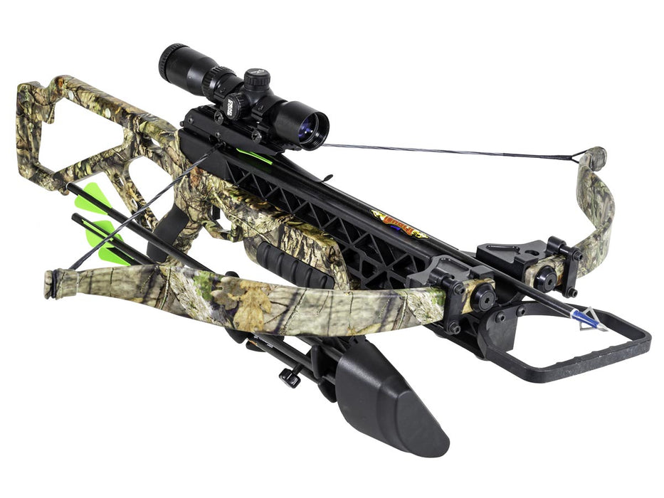 Arrow loaded G340 BUC Crossbow PKG from Excalibur with forest camo accents and a dead zone scope.