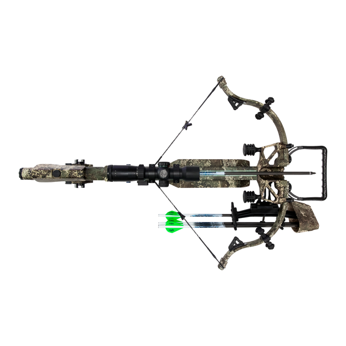 top view of the assassin 400 TD crossbow with two proflight 16.5" premium arrows attached to the right