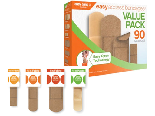 Easy Access Bandages Value pack of 30 bandages Product box with each size of bandage.