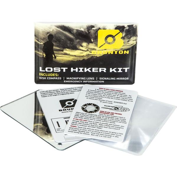 Brunton Lost Hiker Kit package and contents with descriptions: 'Disk Compass' 'Magnifying Lens' 'Signaling Mirror' and 'Emergency Information'.