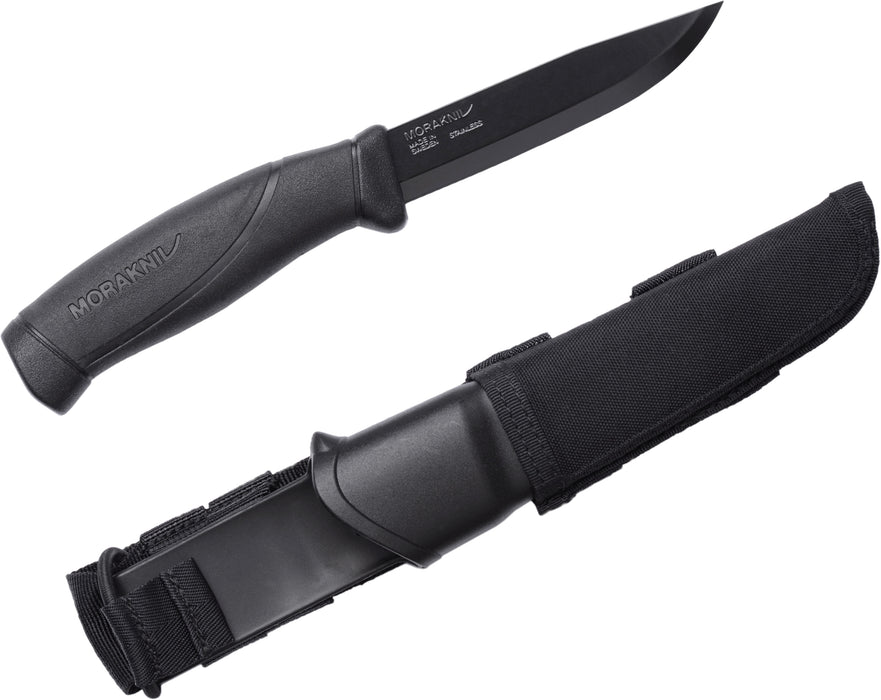 Morakniv Tactical Companion with a black stainless steel blade. The Handgrip and finger guard are both black and so is the sheath that comes with.