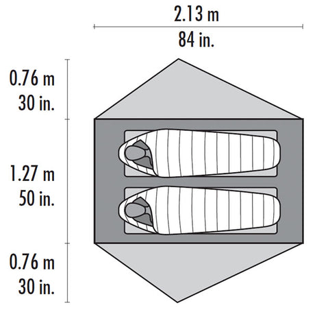 Dimension diagram for the Freelight Ultralight Backpacking 2 person tent. 84in x 50in