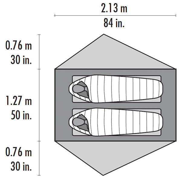 Dimension diagram for the Freelight Ultralight Backpacking 2 person tent. 84in x 50in
