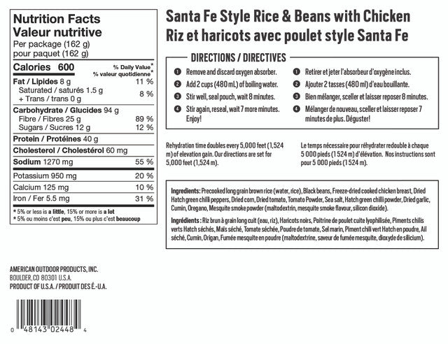 Backpackers Pantry- Santa Fe Style Rice & Beans with Chicken Nutrition Facts