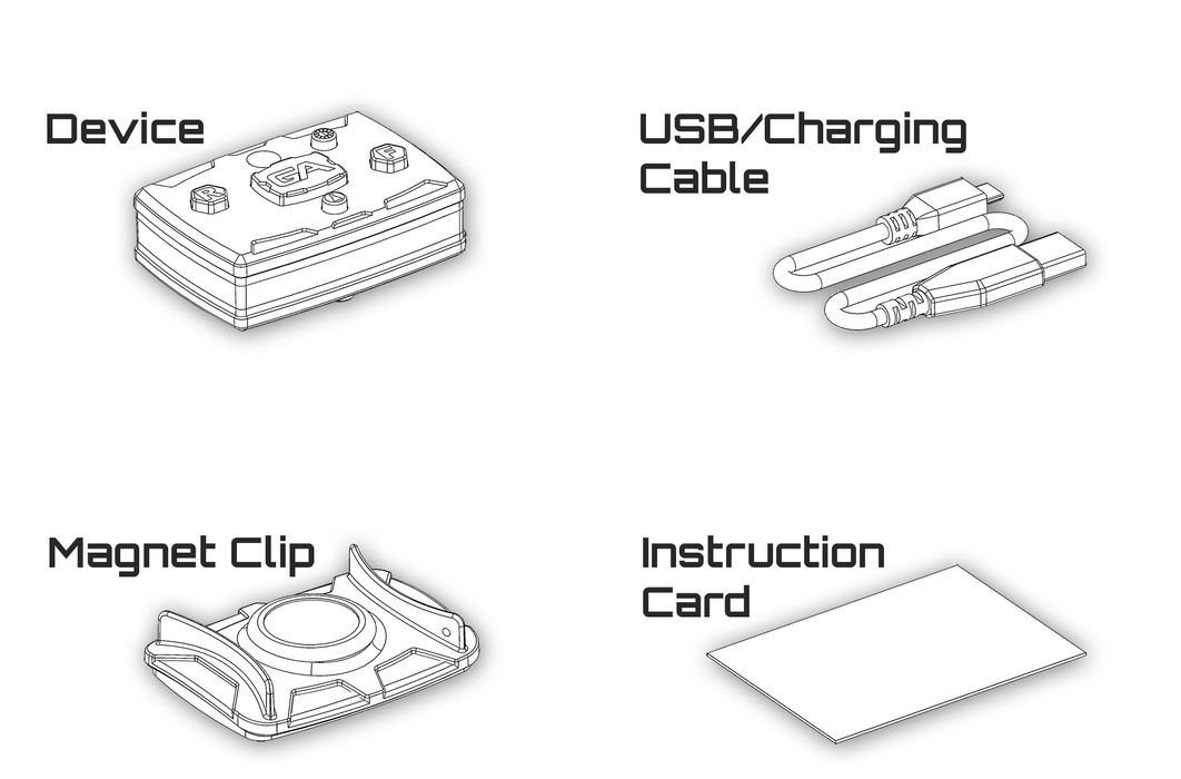 The contents of the Guardian Angel Elite Series Personal Safety Kit with the device, usb charging cable, Magnet clip, and instructions card.