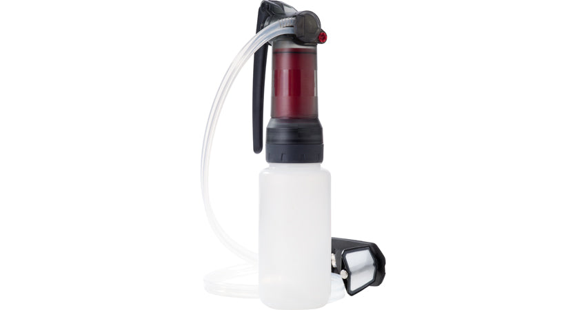 MSR Guardian Water Purifying System. The filter is a deep red, the valves and screw cap are black, and the attched water bottle is a clear bpa freeplastic.