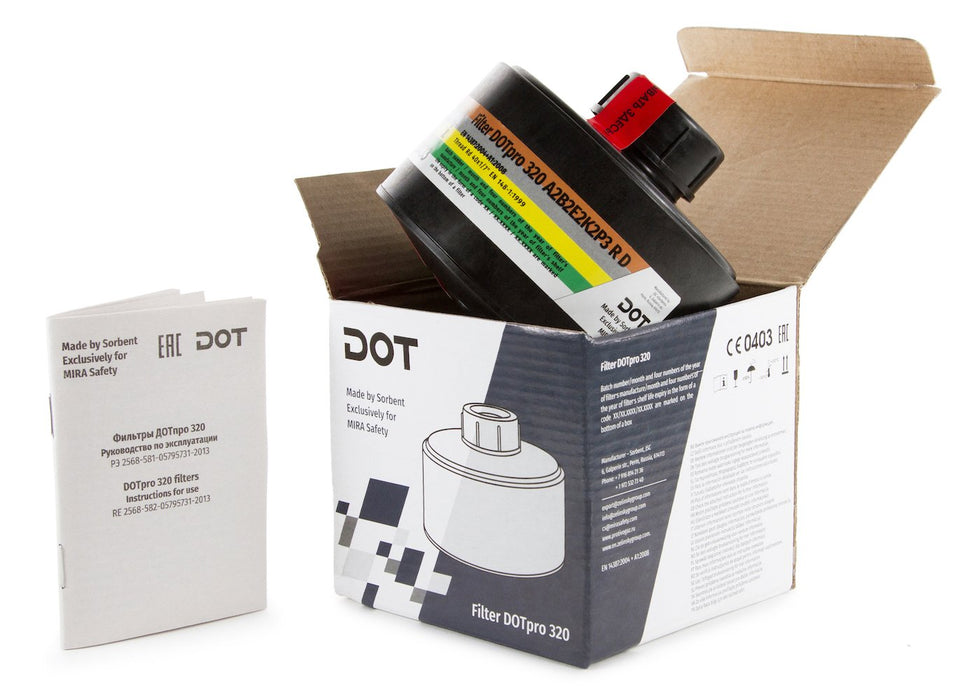 The open product box of the Dotpro 320 Gas Mask Filter.