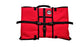Front view of the First Aid Red Bug Out Roll with black clips and a black rubber handle on the top of the bag.