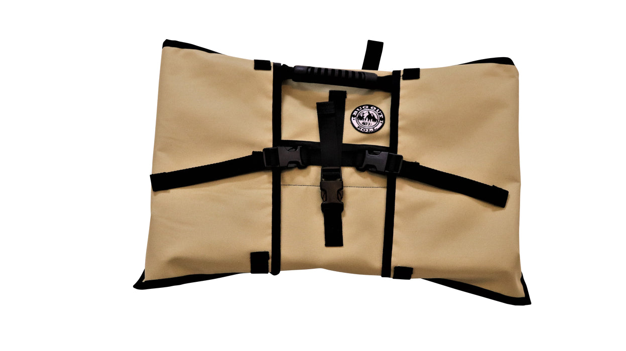 Front view of the Complete Desert Khaki Bug Out Roll, the clips are locked, the black rubber gripped handle is shown as well.