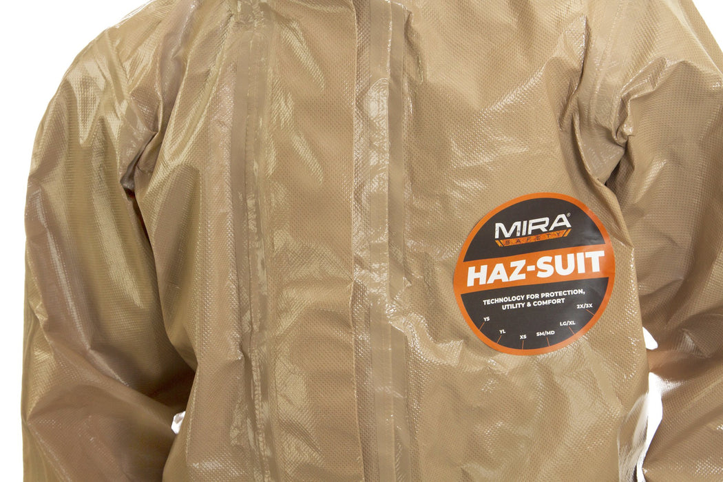 Close up of the MIRA Haz-Suit Hazmat suit with description 'Technology for protection, utility & comfort.