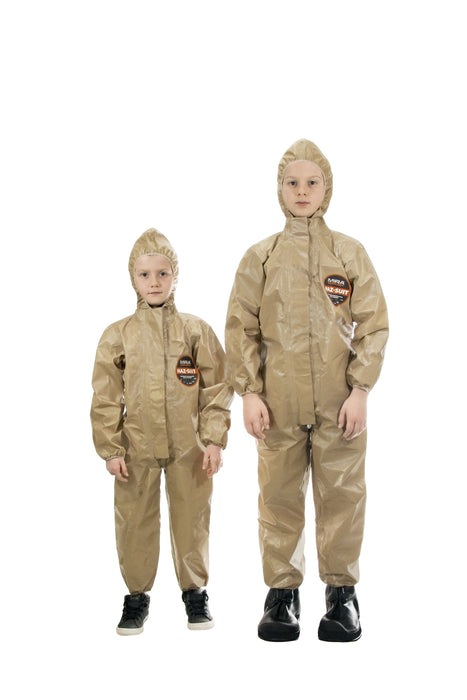 Two children wearing Hazmat suits side by side in small and medium sizes. 