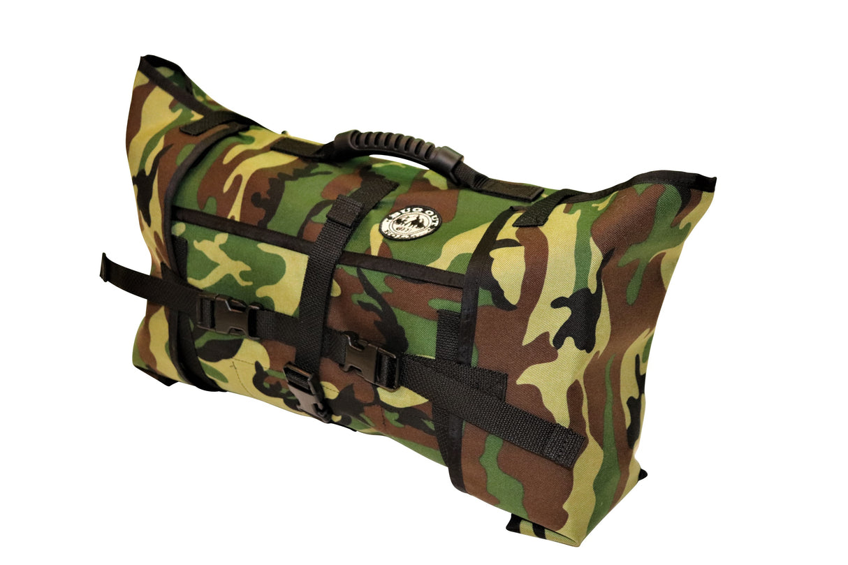 Forest Camo Bug Out Roll with 1 Main section, 1 Vinyl Mod, and 1 Cordura Mod. The pack is securely closed with its durable plastic clips and the hard rubber handle is visible on top of the bag.