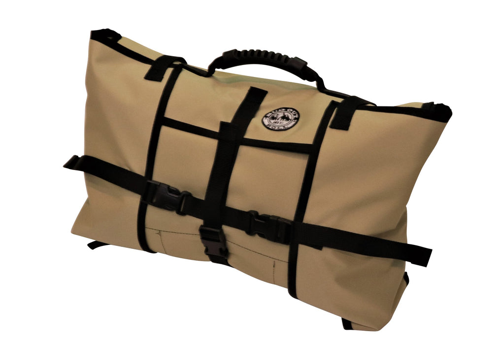 Desert Khaki coloured Bug Out Roll with the black clips locked and hard rubber handle grip on top of the bag.