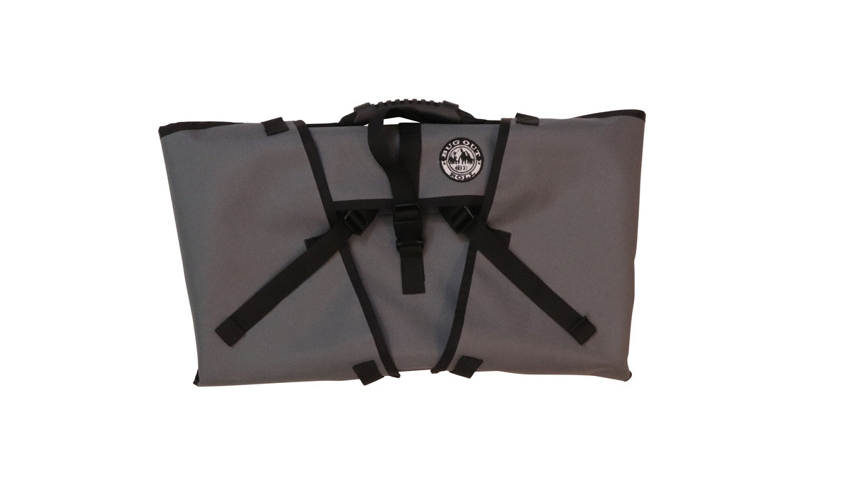 Front of the Gray coloured Bug Out Roll with black plastic clips, straps and a black rubber top handle. 