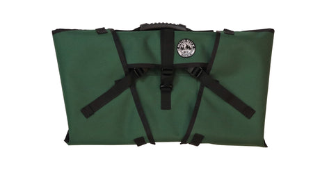 Front the FOREST GREEN Bug Out Roll with 3 black durable plastic clips, the rubberized handle on top of the bag in black, and the Bug Out Roll emblem patched to the front top middle of the bag.