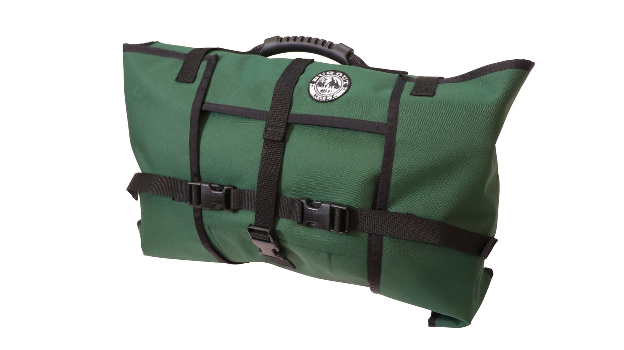 Forest Green Bug Out Roll includes Main section, Cordura and Vinyl Mod, and 1 Cordura Mod. The pack is securely closed with its durable plastic clips and the hard rubber handle is visible on top of the bag.