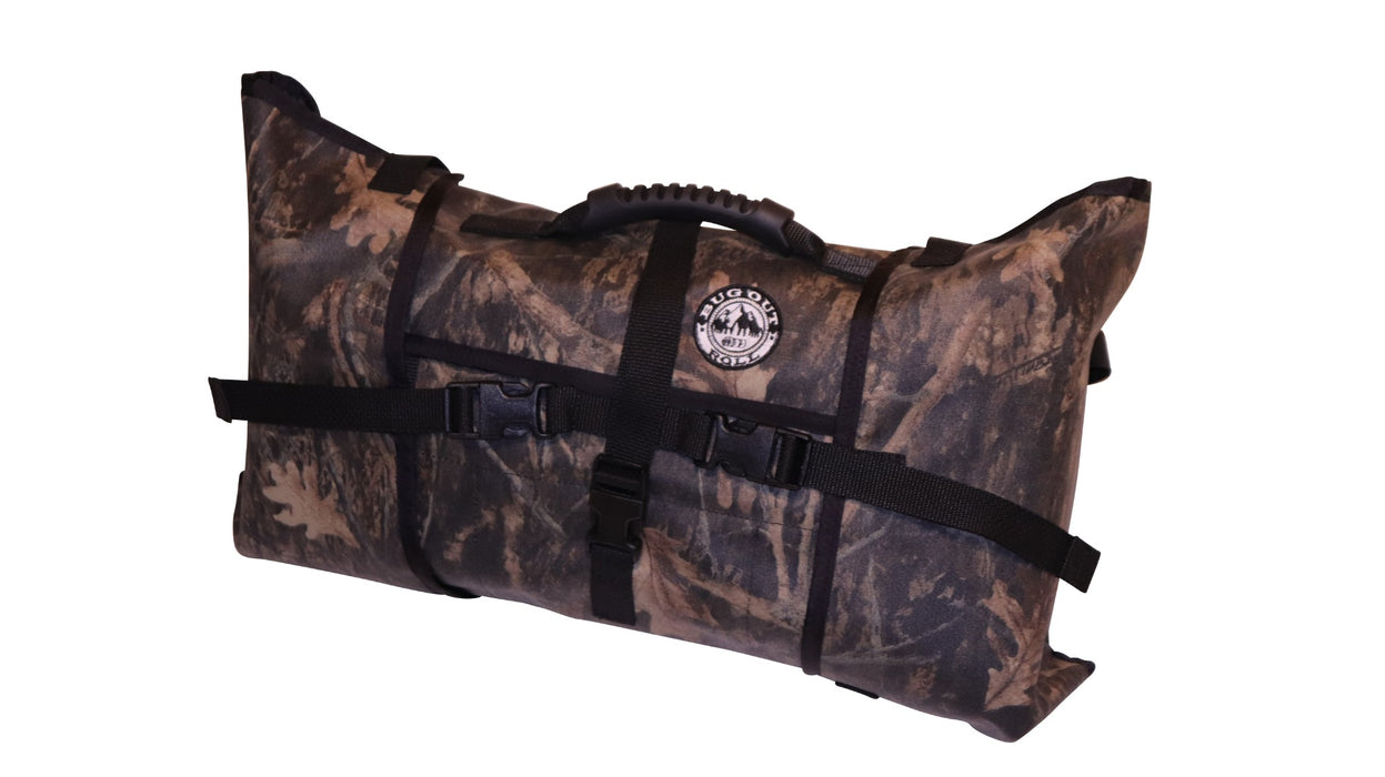 Front of the Realtree coloured Bug Out Roll with black plastic clips, straps and a black rubber top handle. 