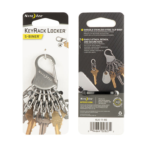 Nite-Ize Keyrack Locker. A stainless steel carabiner with keys attached to the bottom.