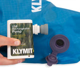 KLYMIT USB rechargeable pump example on blue sleeping pad