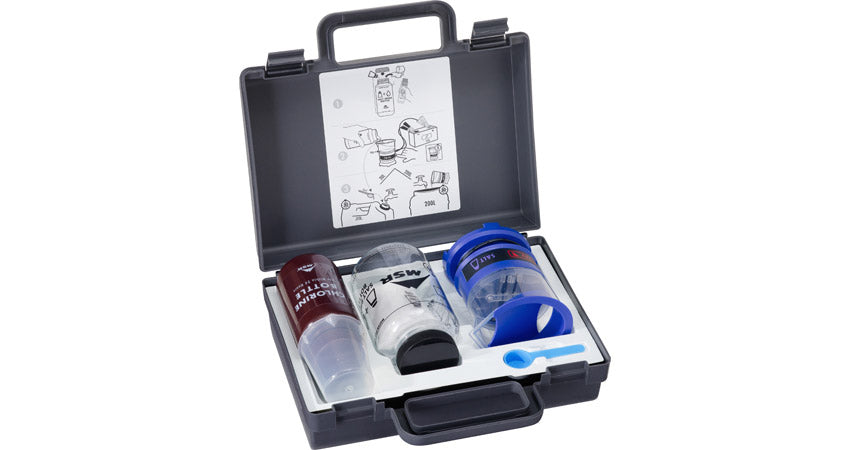 MSR Water Purification kit, with it's contents organized inside.