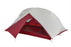 MSR Carbon Reflex Ultralight 3 Person tent. The Weather proof cover is placed on the tent body and the entry way is open in a deep red color. Other than the front entry, the tent is a grey color.
